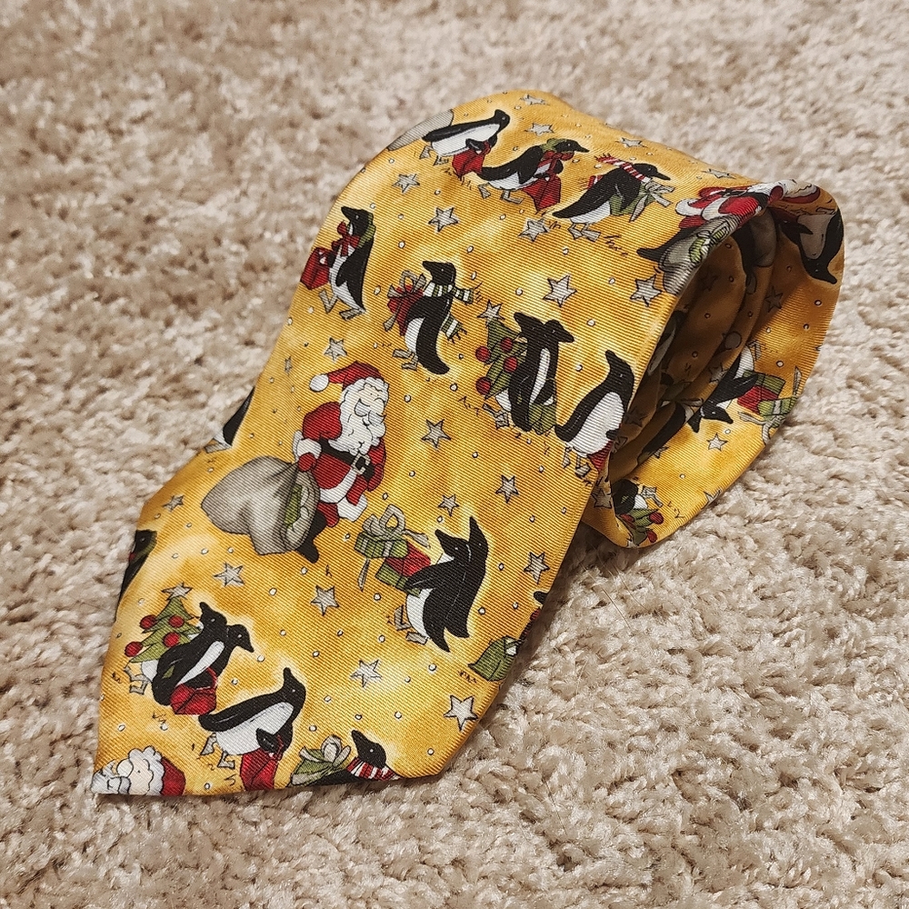 Italian Silk Yellow Penguin and Santa Necktie